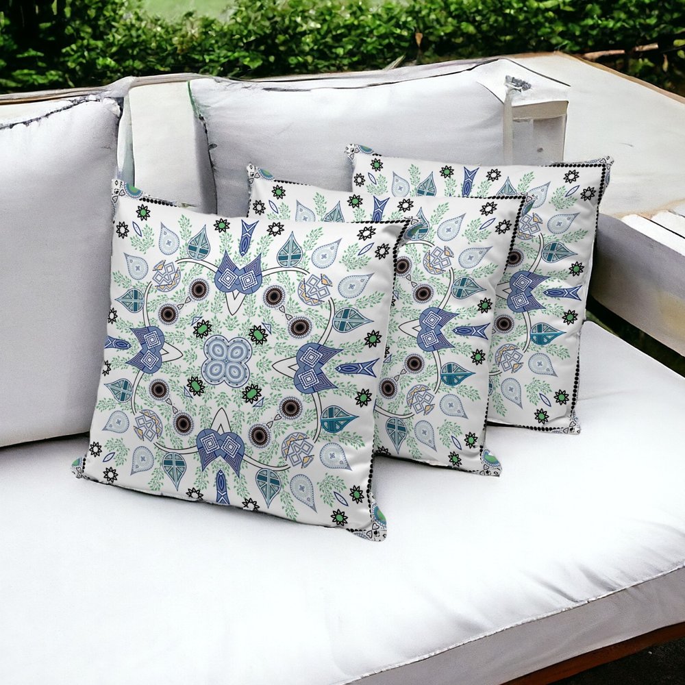 Set of Three 16" X 16" Blue and Off White Blown Seam Paisley Indoor Outdoor Throw Pillow