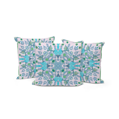 Set of Three 16" X 16" Green and White Blown Seam Paisley Indoor Outdoor Throw Pillow