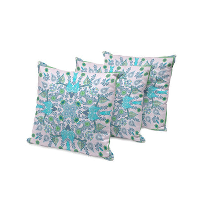 Set of Three 16" X 16" Green and White Blown Seam Paisley Indoor Outdoor Throw Pillow