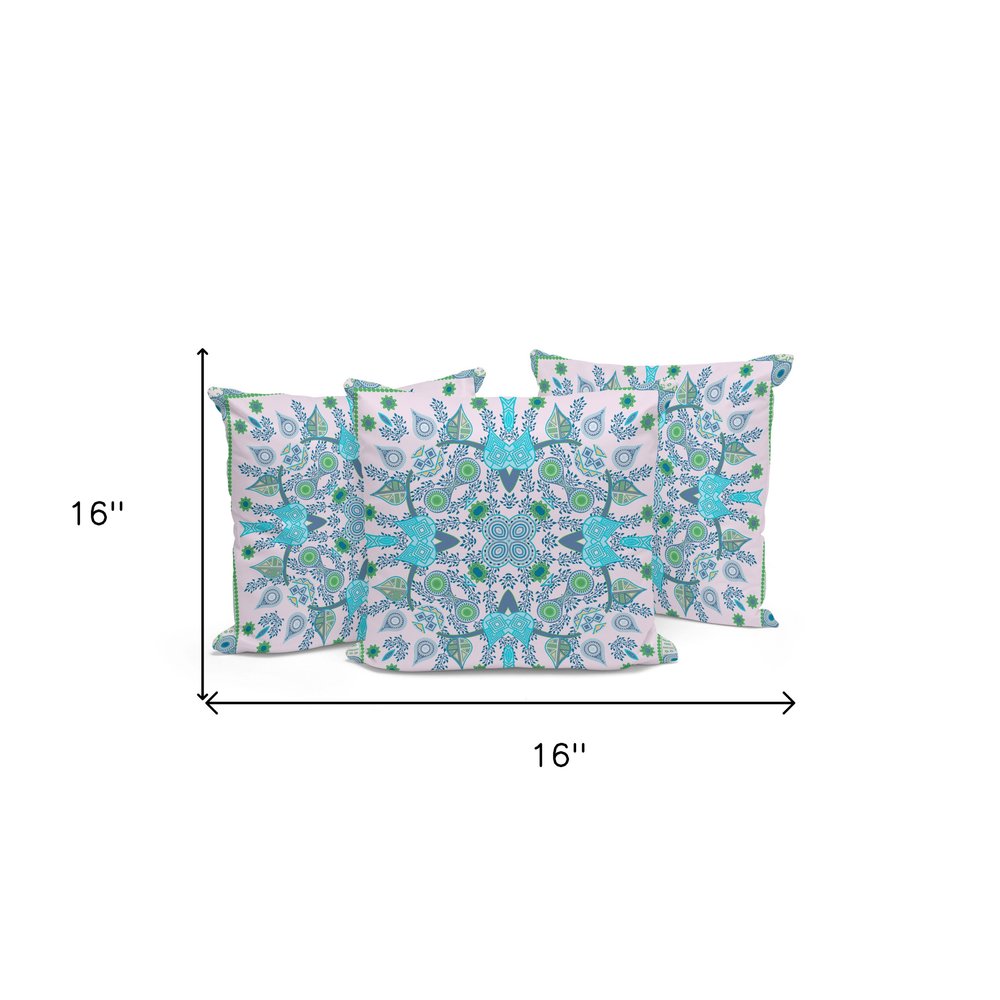 Set of Three 16" X 16" Green and White Blown Seam Paisley Indoor Outdoor Throw Pillow