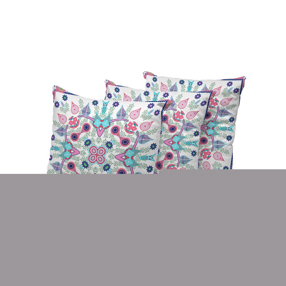 Set of Three 16" X 16" Pink and White Blown Seam Paisley Indoor Outdoor Throw Pillow