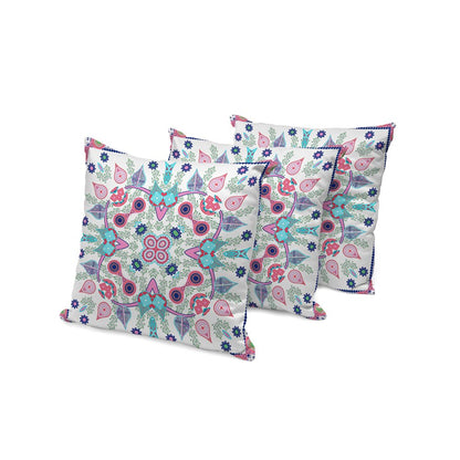Set of Three 16" X 16" Pink and White Blown Seam Paisley Indoor Outdoor Throw Pillow