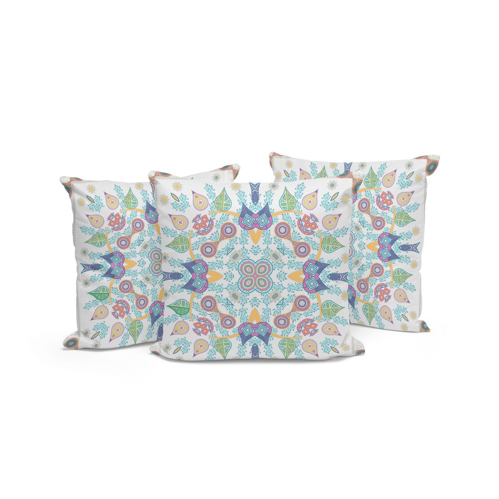 Set of Three 16" X 16" Yellow and White Blown Seam Paisley Indoor Outdoor Throw Pillow