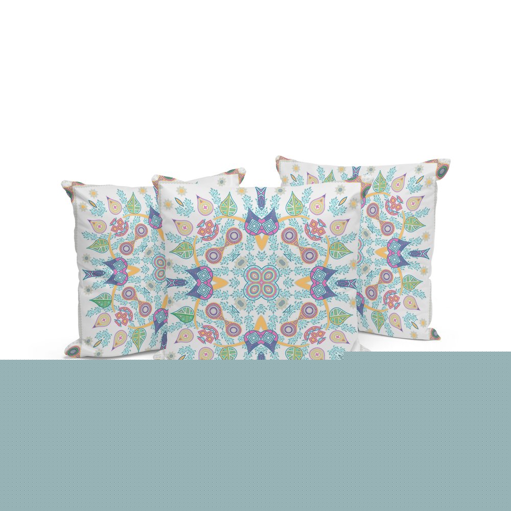 Set of Three 16" X 16" Yellow and White Blown Seam Paisley Indoor Outdoor Throw Pillow