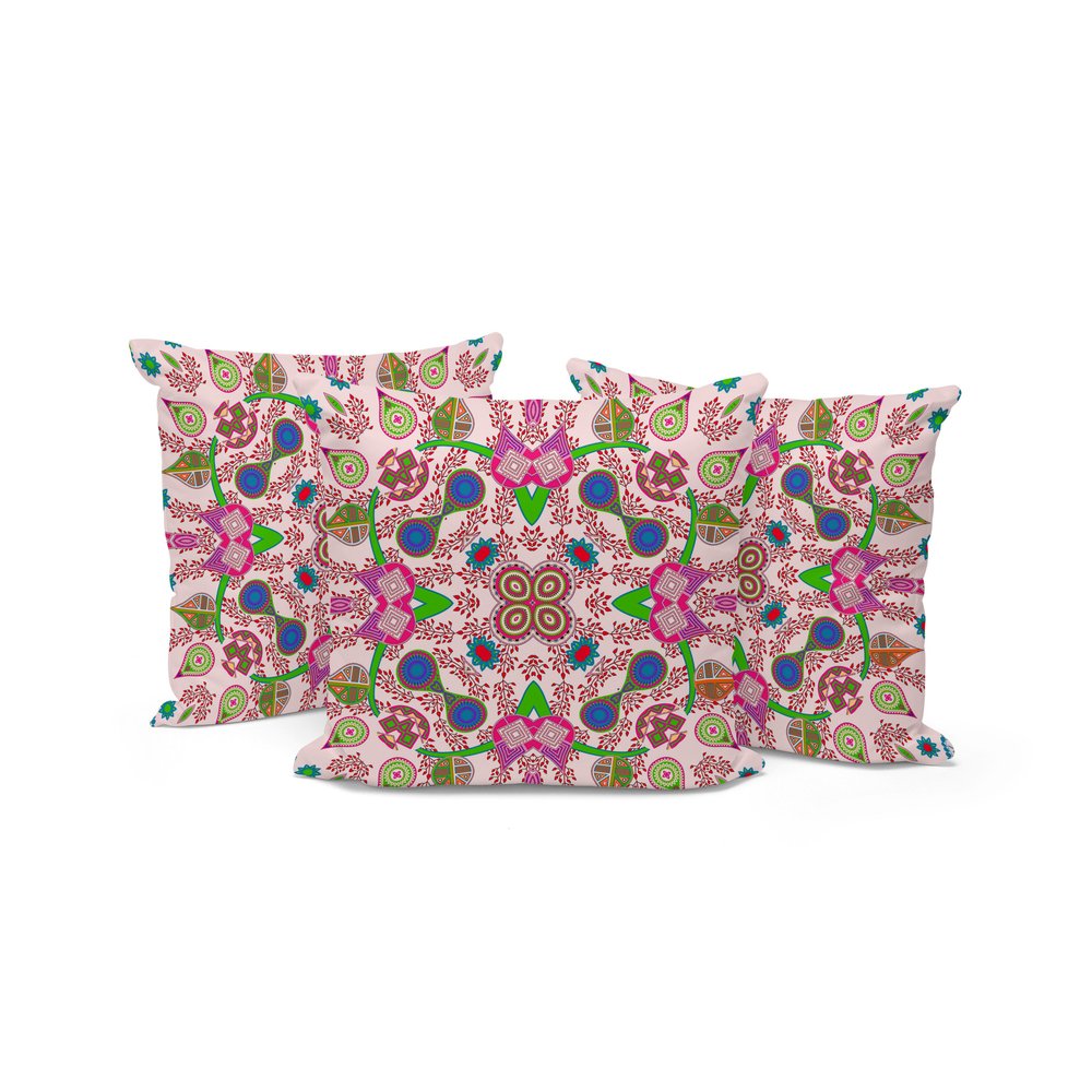 Set of Three 16" X 16" Pink and Green Blown Seam Paisley Indoor Outdoor Throw Pillow