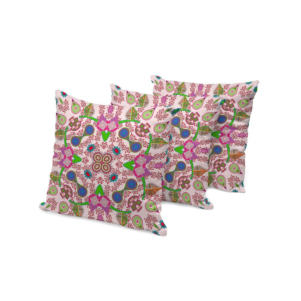 Set of Three 16" X 16" Pink and Green Blown Seam Paisley Indoor Outdoor Throw Pillow
