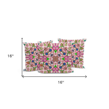 Set of Three 16" X 16" Pink and Green Blown Seam Paisley Indoor Outdoor Throw Pillow