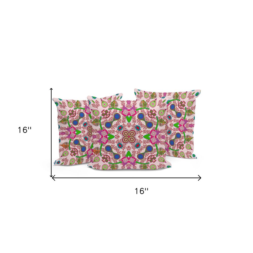 Set of Three 16" X 16" Pink and Green Blown Seam Paisley Indoor Outdoor Throw Pillow