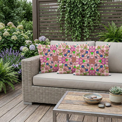 Set of Three 16" X 16" Pink and Green Blown Seam Paisley Indoor Outdoor Throw Pillow