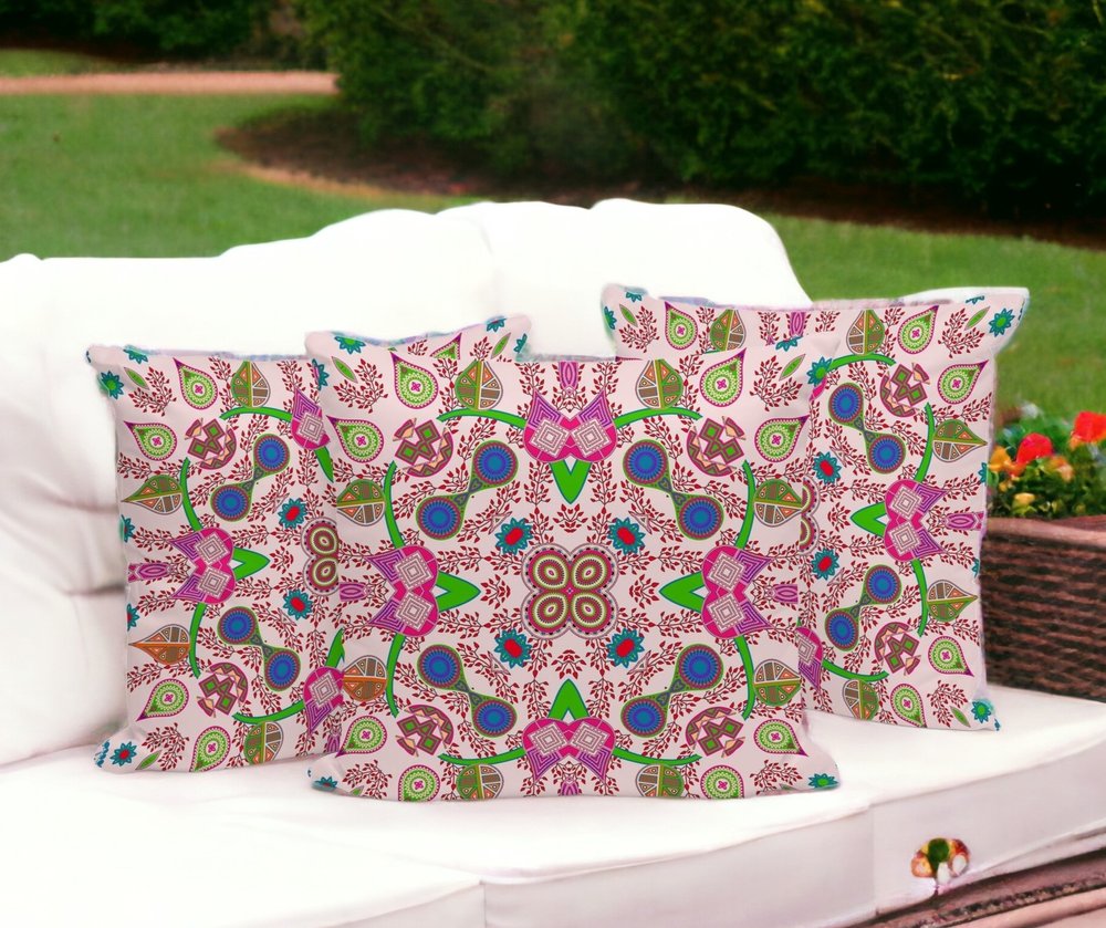 Set of Three 16" X 16" Pink and Green Blown Seam Paisley Indoor Outdoor Throw Pillow