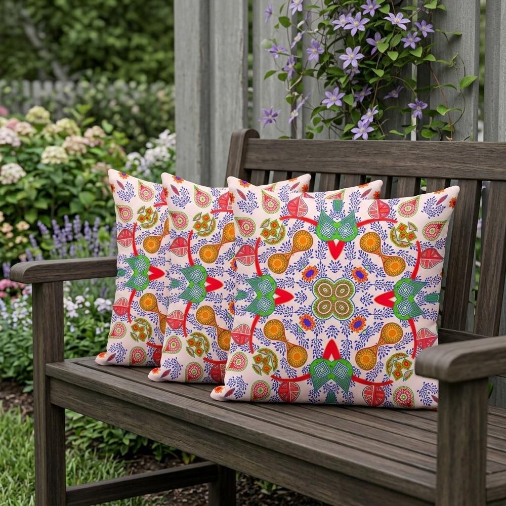 Set of Three 16" X 16" Red and White Blown Seam Paisley Indoor Outdoor Throw Pillow