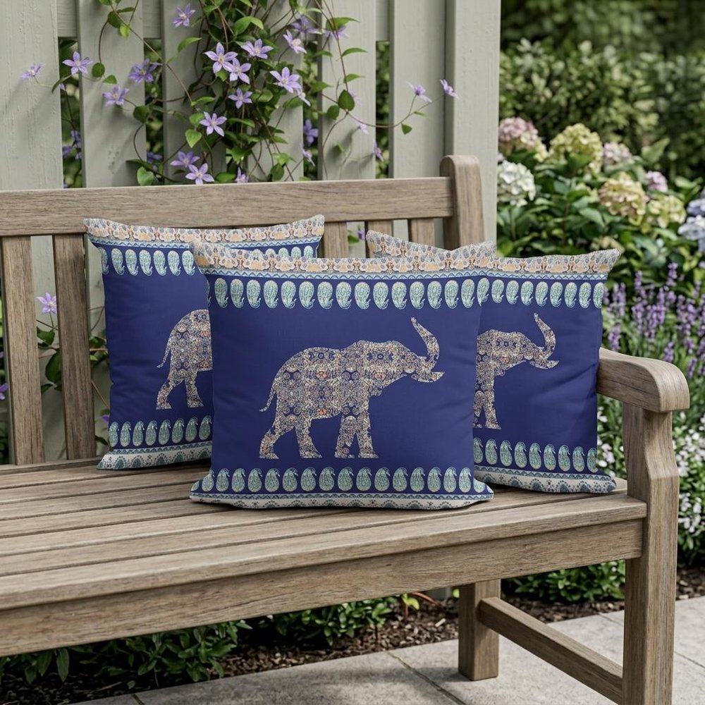 Set of Three 16" X 16" Blue and Green Elephant Blown Seam Paisley Indoor Outdoor Throw Pillow