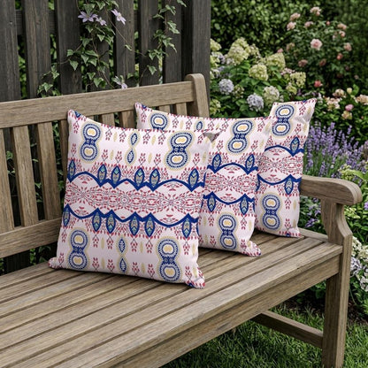 Set of Three 16" X 16" Blue and White Blown Seam Paisley Indoor Outdoor Throw Pillow