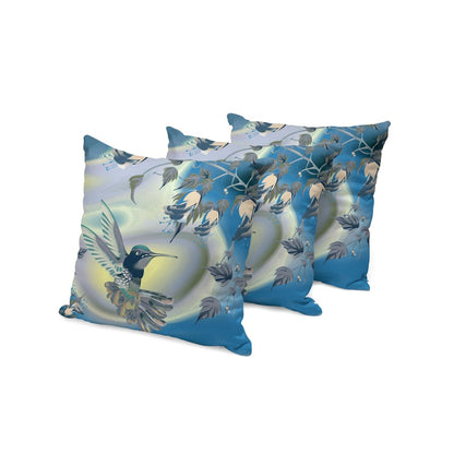 Set of Three 16" X 16" Blue and Yellow Bird Blown Seam Floral Indoor Outdoor Throw Pillow