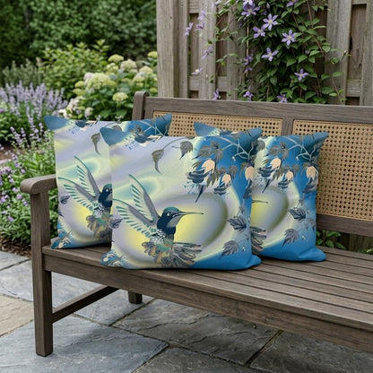 Set of Three 16" X 16" Blue and Yellow Bird Blown Seam Floral Indoor Outdoor Throw Pillow