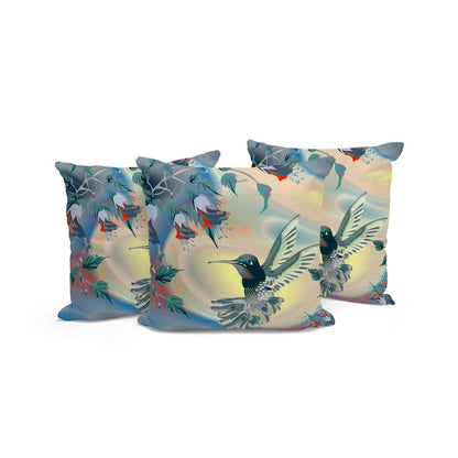 Set of Three 16" X 16" Blue and Yellow Bird Blown Seam Floral Indoor Outdoor Throw Pillow