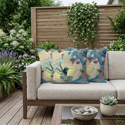 Set of Three 16" X 16" Blue and Yellow Bird Blown Seam Floral Indoor Outdoor Throw Pillow