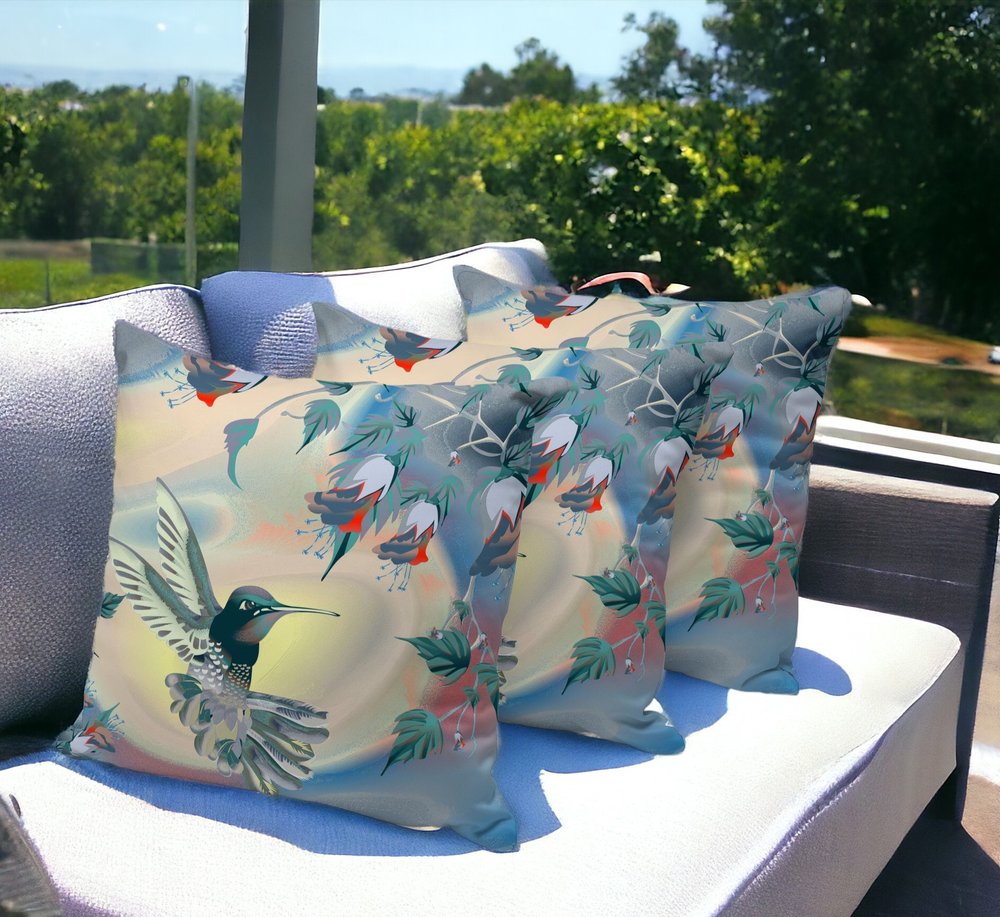 Set of Three 16" X 16" Blue and Yellow Bird Blown Seam Floral Indoor Outdoor Throw Pillow
