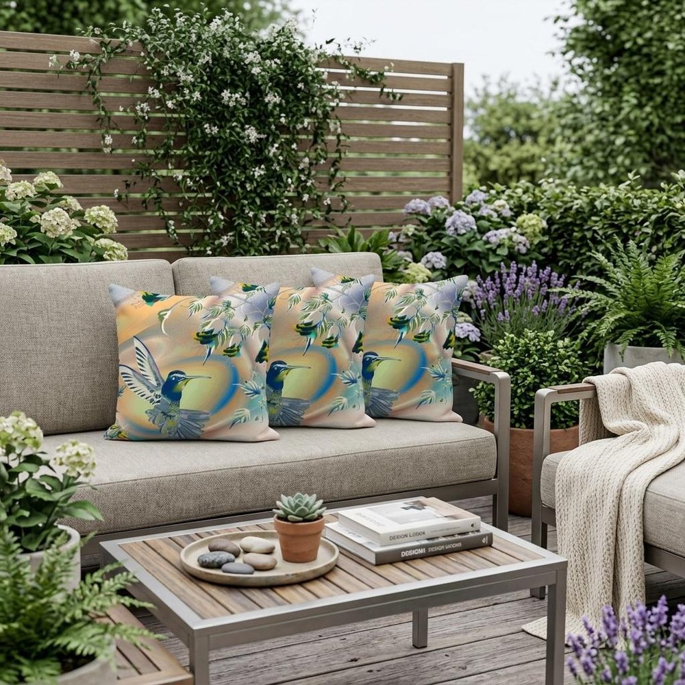 Set of Three 16" X 16" Yellow Orange Bird Blown Seam Floral Indoor Outdoor Throw Pillow
