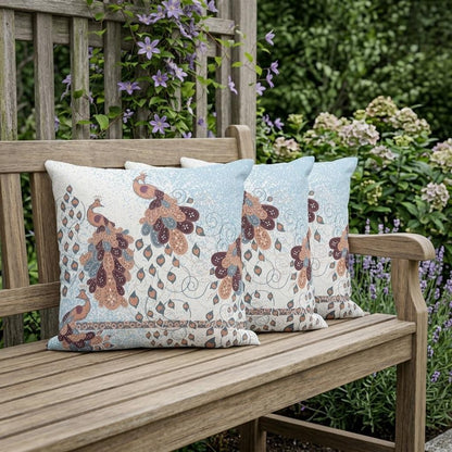 Set of Three 16" X 16" Blue and Brown Peacock Blown Seam Animal Print Indoor Outdoor Throw Pillow