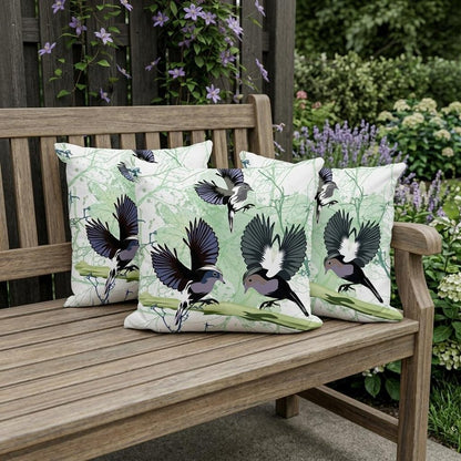 Set of Three 16" X 16" Green and White Bird Blown Seam Eclectic Indoor Outdoor Throw Pillow