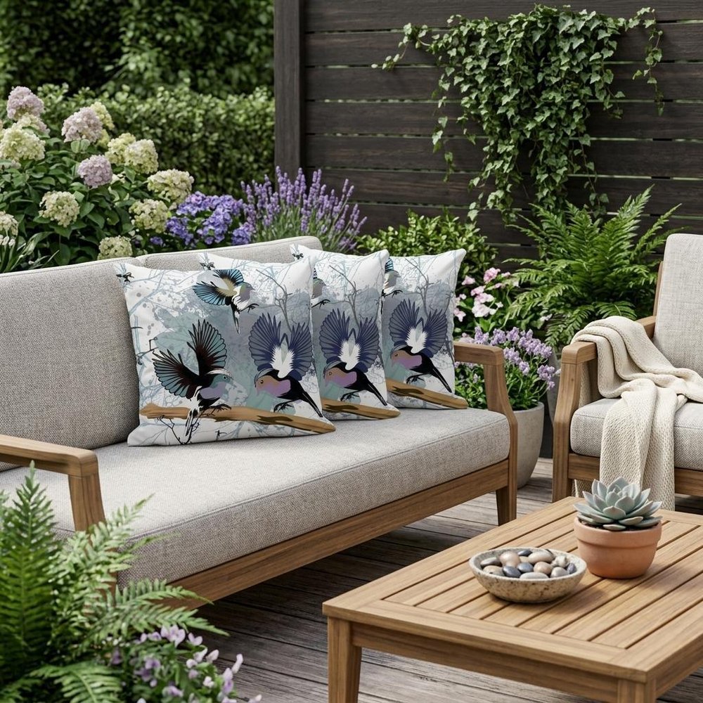 Set of Three 16" X 16" Black Gray and White Bird Blown Seam Eclectic Indoor Outdoor Throw Pillow