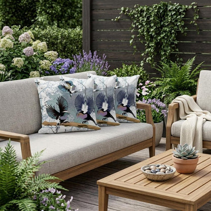 Set of Three 16" X 16" Black Gray and White Bird Blown Seam Eclectic Indoor Outdoor Throw Pillow