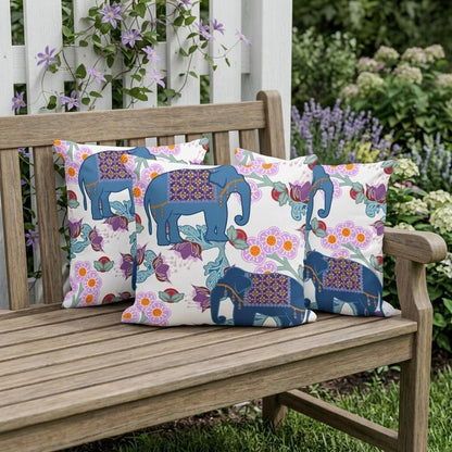 Set of Three 16" X 16" Blue and Gray Elephant Blown Seam Floral Indoor Outdoor Throw Pillow