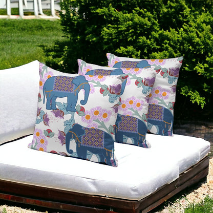 Set of Three 16" X 16" Blue and Gray Elephant Blown Seam Floral Indoor Outdoor Throw Pillow