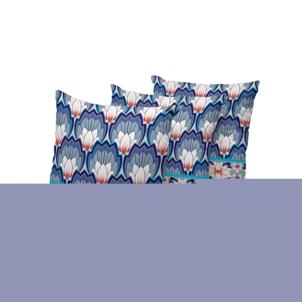 Set of Three 16" Blue and Orange Botanical Indoor Outdoor Throw Pillow Cover and Insert