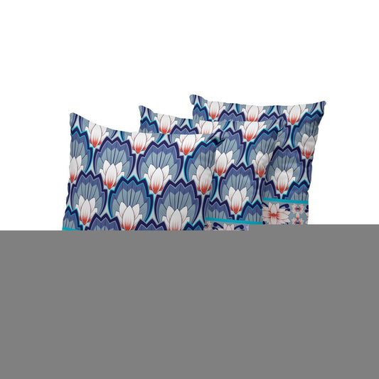 Set of Three 16" Blue and Orange Botanical Indoor Outdoor Throw Pillow Cover and Insert