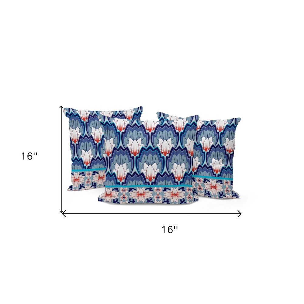 Set of Three 16" Blue and Orange Botanical Indoor Outdoor Throw Pillow Cover and Insert