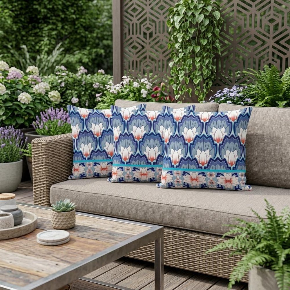 Set of Three 16" Blue and Orange Botanical Indoor Outdoor Throw Pillow Cover and Insert