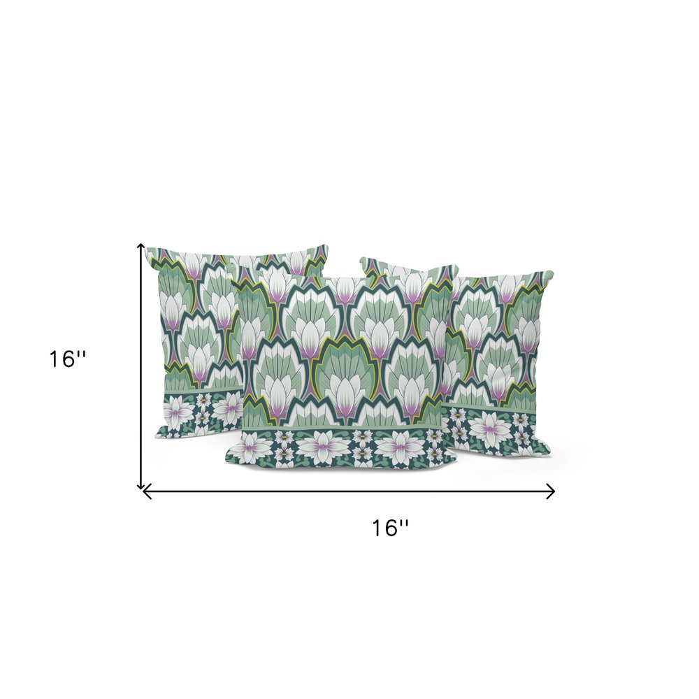 Set of Three 16" Green and Pink Botanical Indoor Outdoor Throw Pillow Cover and Insert