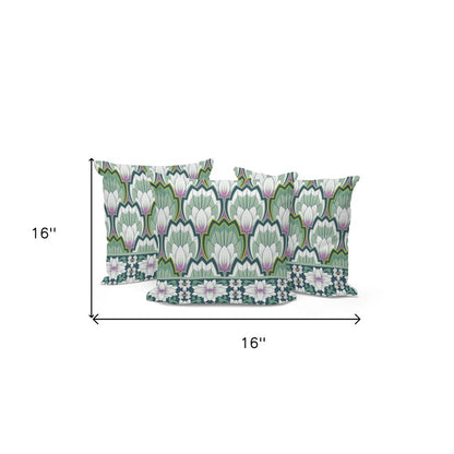 Set of Three 16" Green and Pink Botanical Indoor Outdoor Throw Pillow Cover and Insert