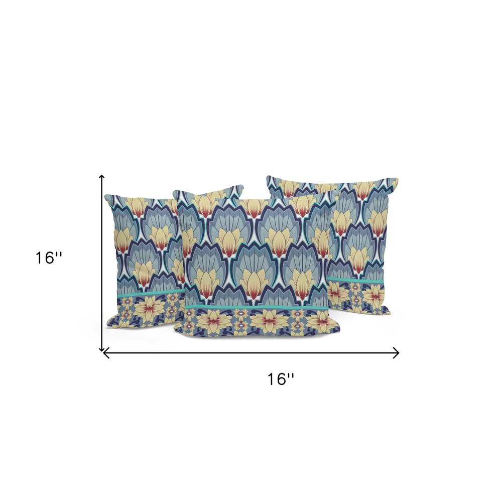Set of Three 16" Gray and Yellow Botanical Indoor Outdoor Throw Pillow Cover and Insert