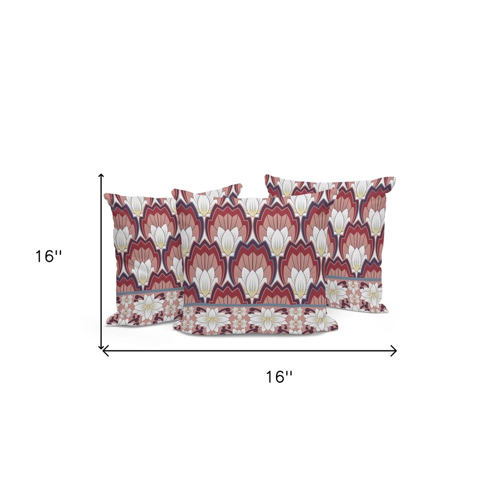 Set of Three 16" Red and White Botanical Indoor Outdoor Throw Pillow Cover and Insert