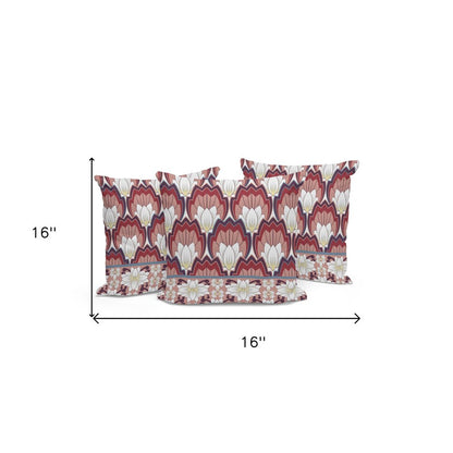 Set of Three 16" Red and White Botanical Indoor Outdoor Throw Pillow Cover and Insert