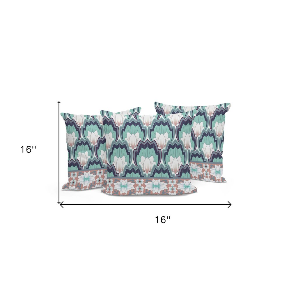 Set of Three 16" Green and White Botanical Indoor Outdoor Throw Pillow Cover and Insert