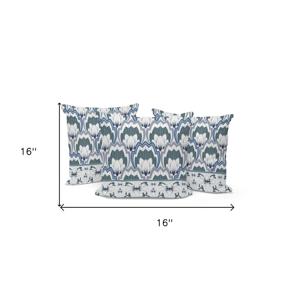 Set of Three 16" Gray and White Botanical Indoor Outdoor Throw Pillow Cover and Insert