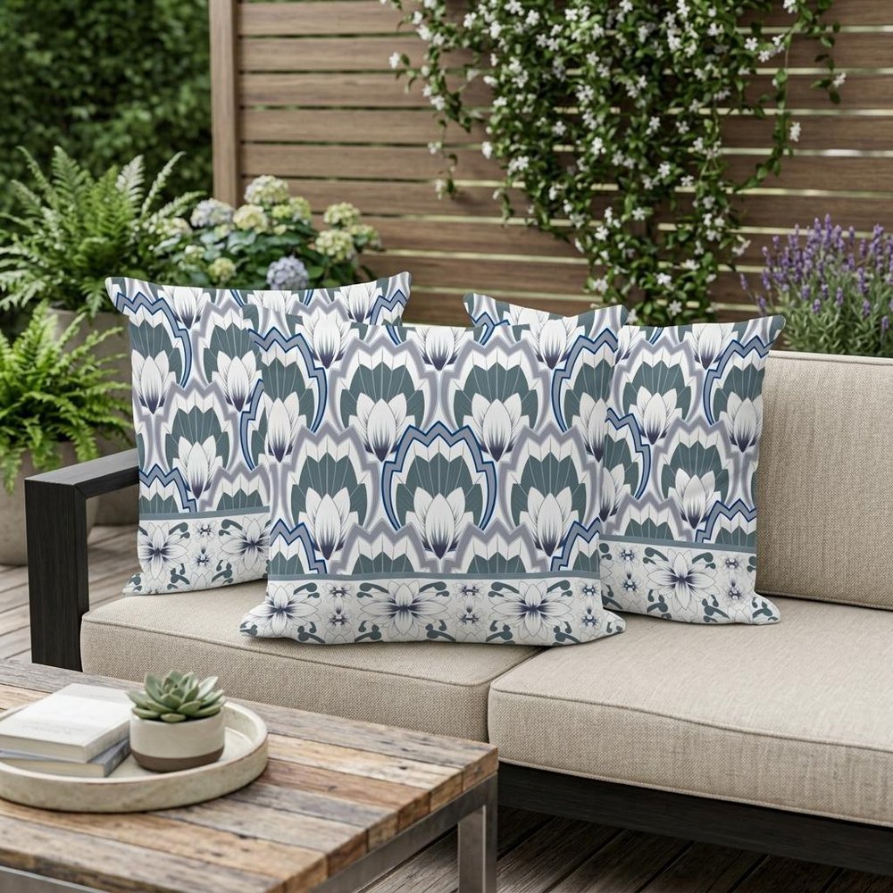 Set of Three 16" Gray and White Botanical Indoor Outdoor Throw Pillow Cover and Insert