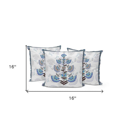Set of Three 16" Blue and Off White Botanical Indoor Outdoor Throw Pillow Cover and Insert