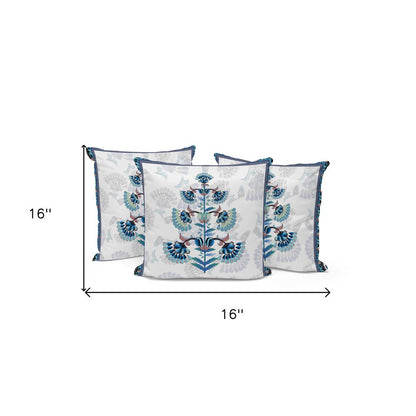 Set of Three 16" Blue and Off White Botanical Indoor Outdoor Throw Pillow Cover and Insert