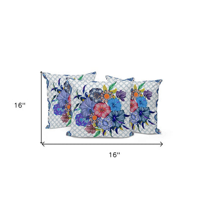 Set of Three 16" Blue and White Botanical Indoor Outdoor Throw Pillow Cover and Insert