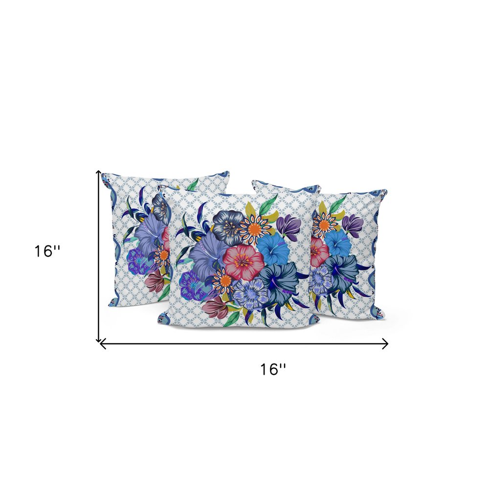 Set of Three 16" Blue and White Botanical Indoor Outdoor Throw Pillow Cover and Insert