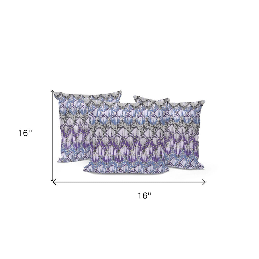 Set of Three 16" Gray and Purple Geometric Indoor Outdoor Throw Pillow Cover and Insert
