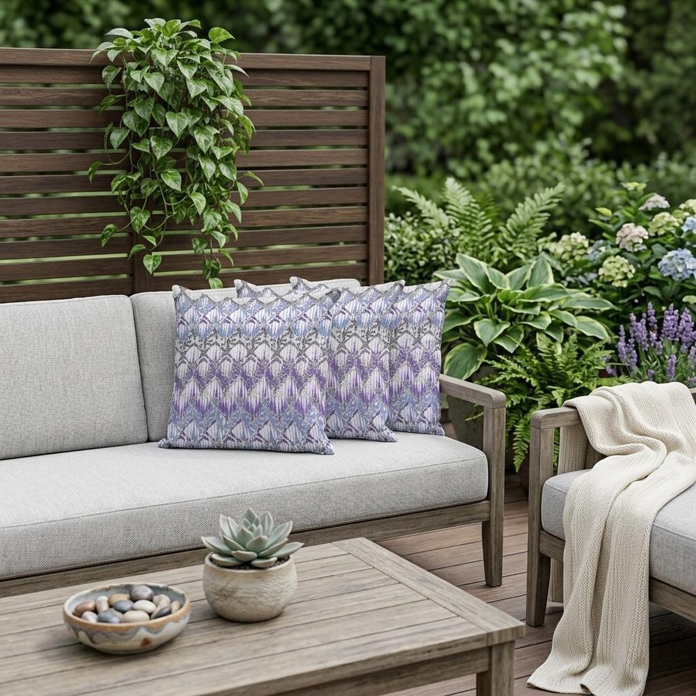 Set of Three 16" Gray and Purple Geometric Indoor Outdoor Throw Pillow Cover and Insert