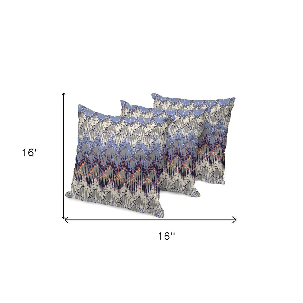 Set of Three 16" Gray and Purple Geometric Indoor Outdoor Throw Pillow Cover and Insert