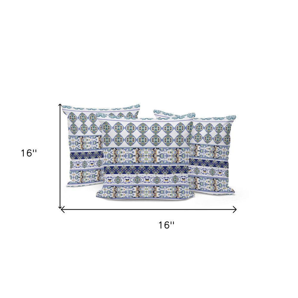 Set of Three 16" Blue and White Striped Indoor Outdoor Throw Pillow Cover and Insert