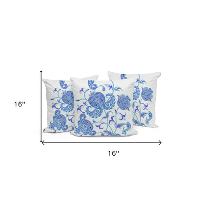 Set of Three 16" Blue and White Botanical Indoor Outdoor Throw Pillow Cover and Insert